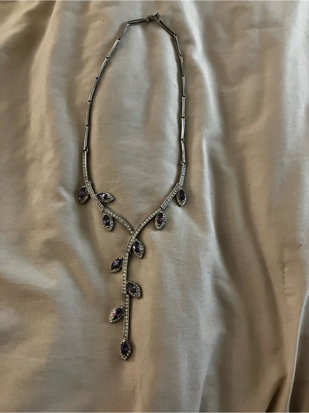 Vintage Silver Tone Purple Rhinestone Leaf Drop Necklace
